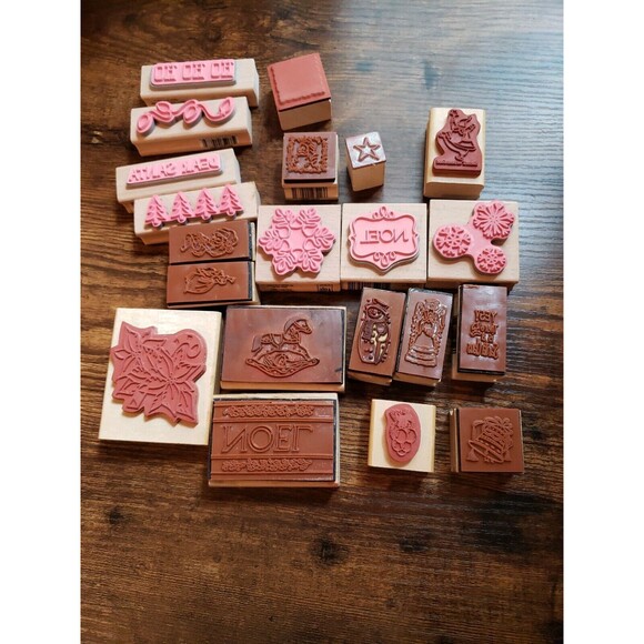 Wood Mounted Rubber Stamp Lot Christmas Card Making Paper Craft 21 Assorted - Picture 7 of 12